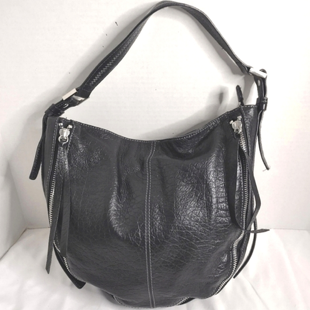 Sanctuary Large Black Slouchy Leather Shoulderbag With Zippers & Fringe